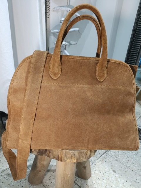 Duża zamszowa torba miejska shopper – skóra naturalna (koniak)