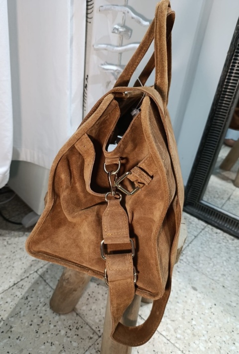Duża zamszowa torba miejska shopper – skóra naturalna (koniak)