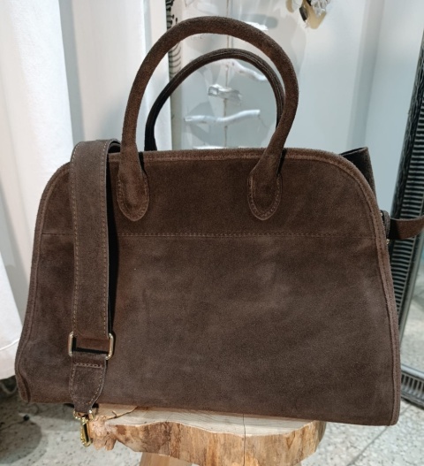 Duża zamszowa torba miejska shopper – skóra naturalna (czekoladowy brąz)