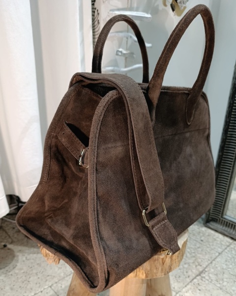 Duża zamszowa torba miejska shopper – skóra naturalna (czekoladowy brąz)