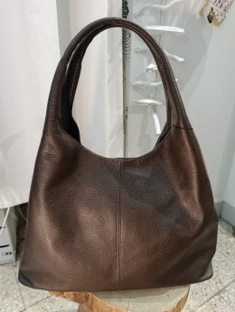 Skórzana torebka worek hobo shopper – skóra naturalna groszkowa (Kolor: ciemny brąz))