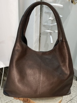 Skórzana torebka worek hobo shopper – skóra naturalna groszkowa (Kolor: ciemny brąz))