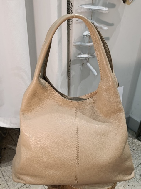 Skórzana torebka worek hobo shopper – skóra naturalna groszkowa (Kolor: jasny beż)
