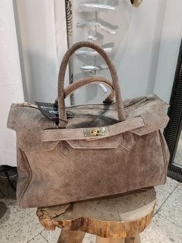 Zamszowa torba klasyczna kuferek Birkin – skóra naturalna (Kolor: Jasny Taupe)