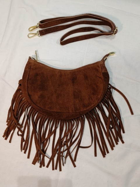 Zamszowa torebka półksiężyc Crossbody BOHO – skóra naturalna (Kolor: koniak)